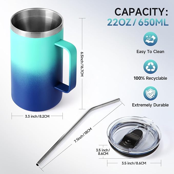 Volhoply 22oz Insulated Stainless Steel Coffee Mug with Leakproof Lid,Double Wall Vacuum Travel Coffee Cup with Handle,Reusable Metal Tumbler,Camping Mugs Keep Hot&Cold(Green Blue,1)