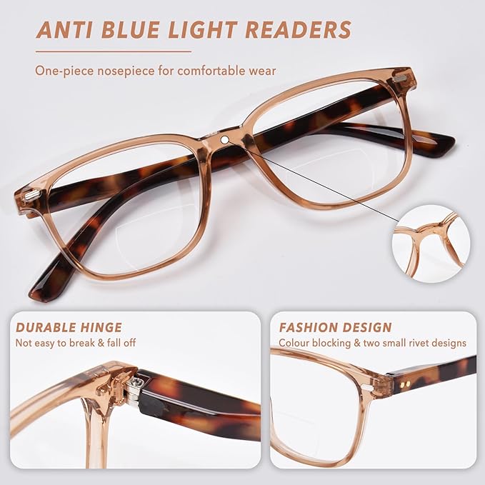 Bifocal Reading Glasses for Women, Blue Light Blocking Computer Readers with Spring Hinges, Retro Square Frame