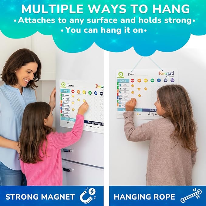 QUOKKA Reward Chart for Kids - Magnetic Behavior Chore Chart for Kids at Home - Dry and Erase Routine and Responsibility - Use 84 Magnets & 102 Stars - from Toddlers to Teens - Extended Version