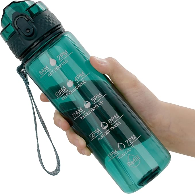 OLDLEY 17oz Kids Water Bottle, Tritan BPA-Free, Leakproof Flip Straw Lid, Motivational Time Marker, Carry Strap, Reusable Clear Water Bottle for Boys & Girls,Trout Green