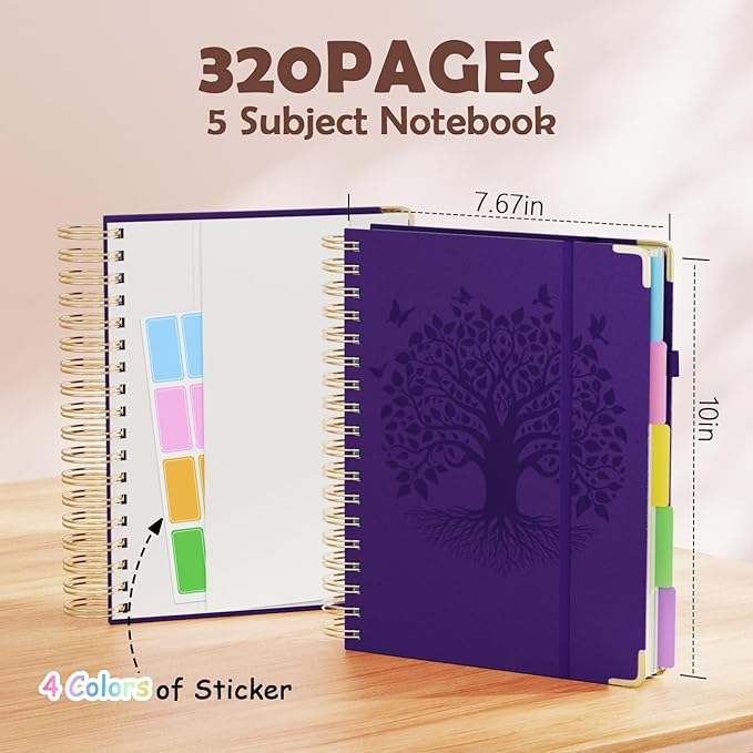 QIYVLOS Hardcover Spiral Notebook, B5 Journal with Removable Dividers Tabs, 5 Subject Notebook College Ruled, 320 Pages 8"x10" Leather Notebooks for Work School Study, Lined Journal for Women, Purple