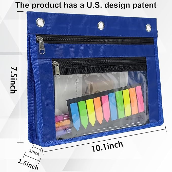 YoeeJob 2 Pack Expandable Pencil Pouches for 3 Ring Binders, Blue | 1-inch expansion, 2 clear PVC pockets, 3 holes, large-capacity storage for school and office supplies.