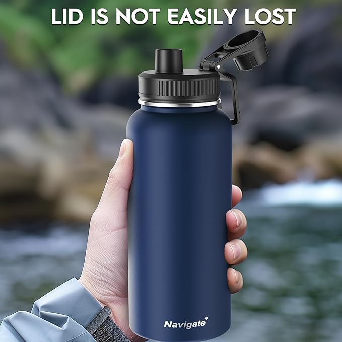 Navigate 32oz Insulated Water Bottle for Sports, Keep Cold 24H | 2-in-1 Spout and Handle Lids, Double Leak-Proof, 18/8 Stainless Steel, BPA-Free, Wide Mouth for Hiking,Dark Blue