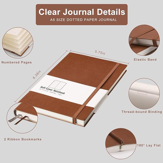 AHGXG Dotted Grid Journal 2 Pack - A5 Dot Grid Notebook Softcover, Medium 5.75'' × 8.38'', 320 Numbered Pages, 120gsm Thick Dotted Paper, Soft Leather Cover, Black Brown