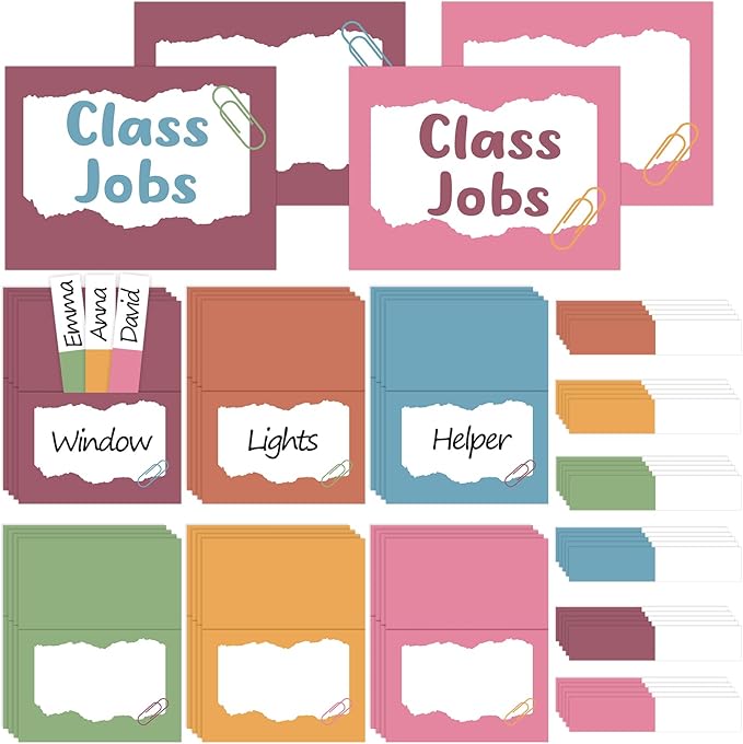112Pcs Class Jobs Chart for Classroom Colorful Boho Classroom Job Bulletin Board Set Back to School Class Management Educational Teacher's Helper Pocket Chart Posters Cards Chalkboard Decor School Sup