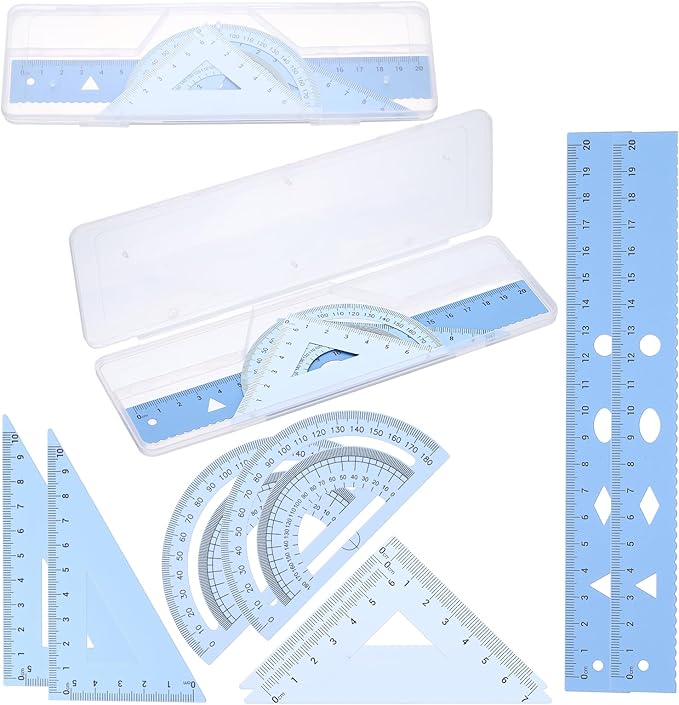 PATIKIL Geometry Set, 2 Pack 8 Inch Aluminum Ruler & 4 Triangles, Metal Protractor Ruler Math Drafting Measuring Tool for Home Office Math Drawing Engineering Art,Gradient Blue