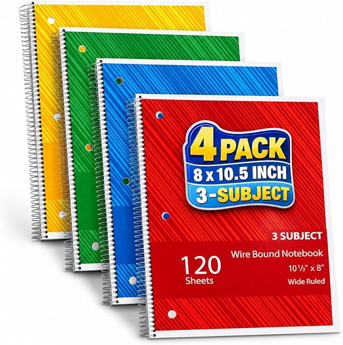1InTheOffice Spiral Notebook College Ruled 11 x 8, 3-Subject College Ruled Notebooks, Wirebound Spiral Notebooks, 120 Sheets, Assorted Colors, 4 Pack