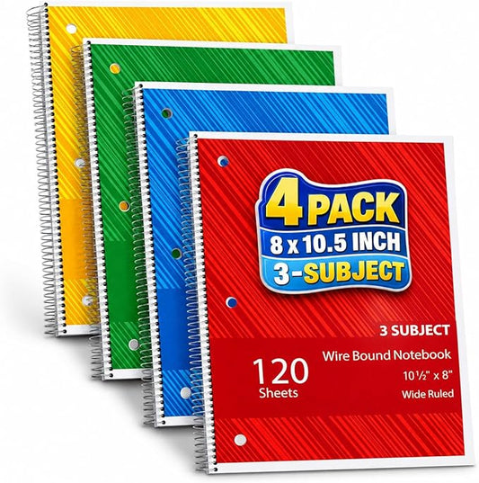 1InTheOffice Spiral Notebook College Ruled 11 x 8, 3-Subject College Ruled Notebooks, Wirebound Spiral Notebooks, 120 Sheets, Assorted Colors, 4 Pack