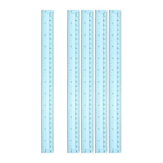 HARFINGTON 5pcs Plastic Rulers 12" (30cm) Clear Straight Ruler Measuring Tool Inches and Centimeters for Home Office Classrooms Drafting, Clear Blue