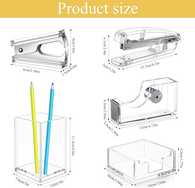 6 Pieces Clear Office Desk Accessories for Student Back to School Office Supplies Include Acrylic Tape Dispenser, Notepad Holder, Stapler, Pen Holder, Staple Remover for Student Teacher