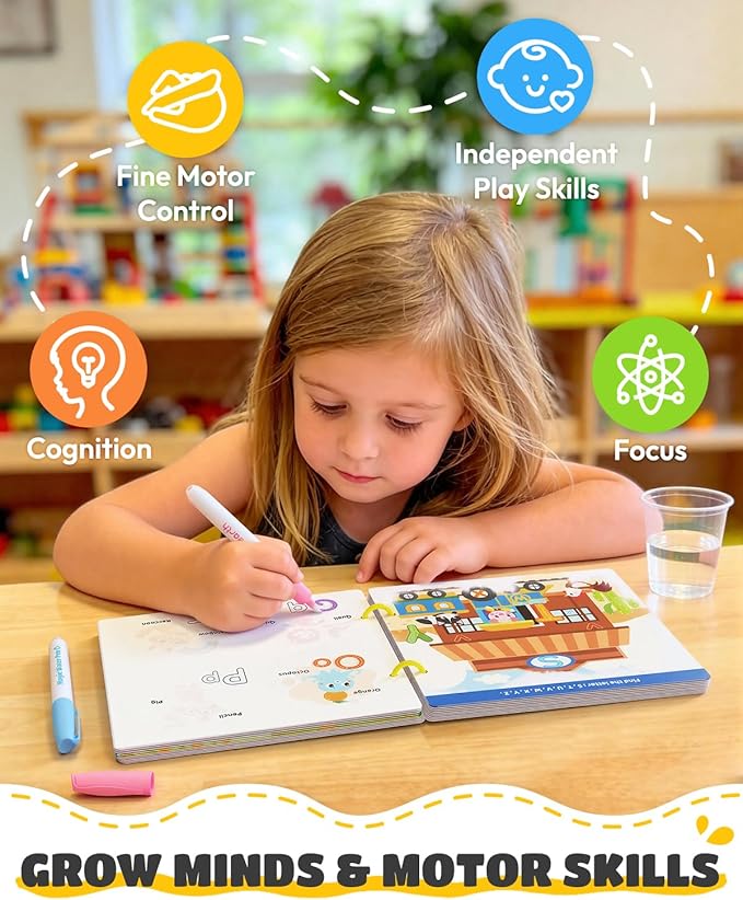 JUPITEARTH Mess Free Coloring Book, Reusable Water Painting Book with 2 Refillable Water Pens 28 Pages, Travel Airplane Road Trip Activity for Toddlers