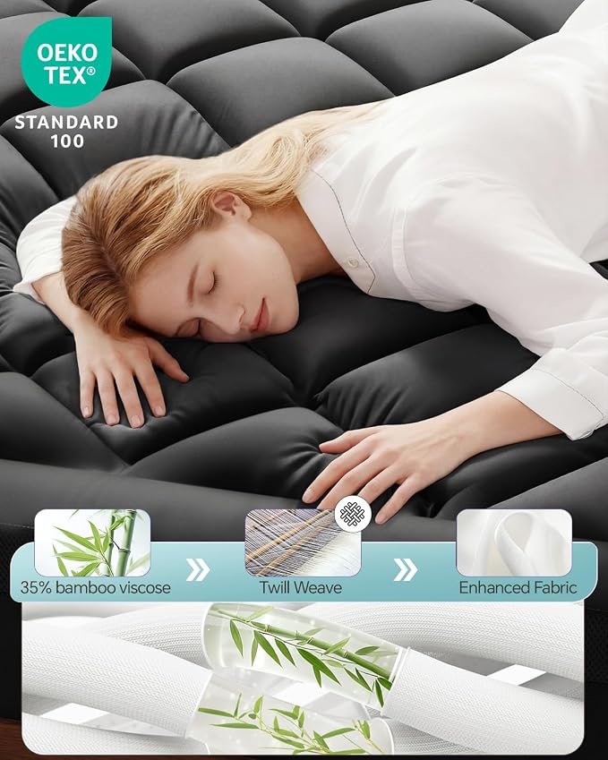 ChiXpace Dual Layer 4 Inch Memory Foam Mattress Topper Full | 2 Inch Gel Memory Foam and 2 Inch Pillow Top Mattress Pad Cover, 7-Zone Egg Crate & 2-in-1 Design (Black-White)