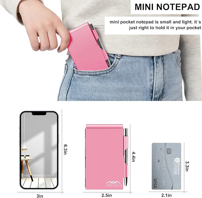 amassan Metal Pocket Notebook, Small Pocket Notepad Aluminum Note Case with Mini Metal Pen and 60-Page Sheets (Fuchsia)