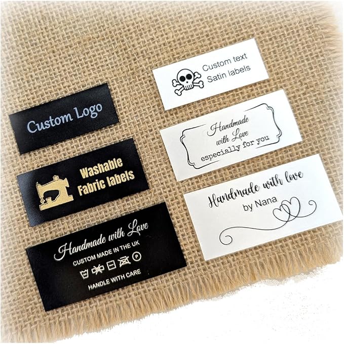 30-200 Custom Logo Iron on or Sew on Labels, Personalized Sewing Labels, Washable Fabric Tags for Handmade, Knitting, Clothing, Quilting and Sewing Crafts, Custom Name Tags for Clothes