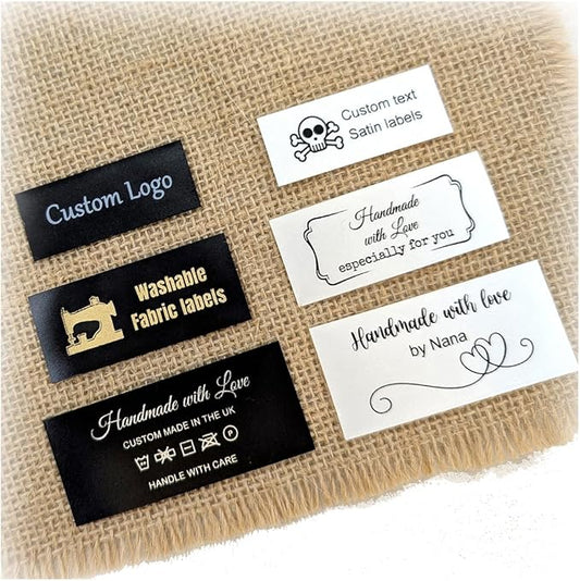 30-200 Custom Logo Iron on or Sew on Labels, Personalized Sewing Labels, Washable Fabric Tags for Handmade, Knitting, Clothing, Quilting and Sewing Crafts, Custom Name Tags for Clothes