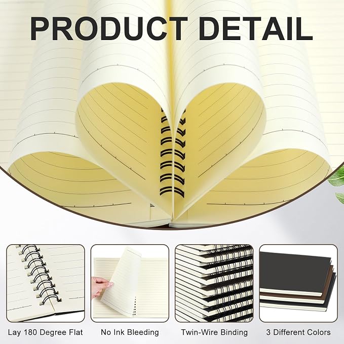 Yahenda 3 Pcs Spiral Notebooks, 1 Subject, Wide Ruled, Dark Color