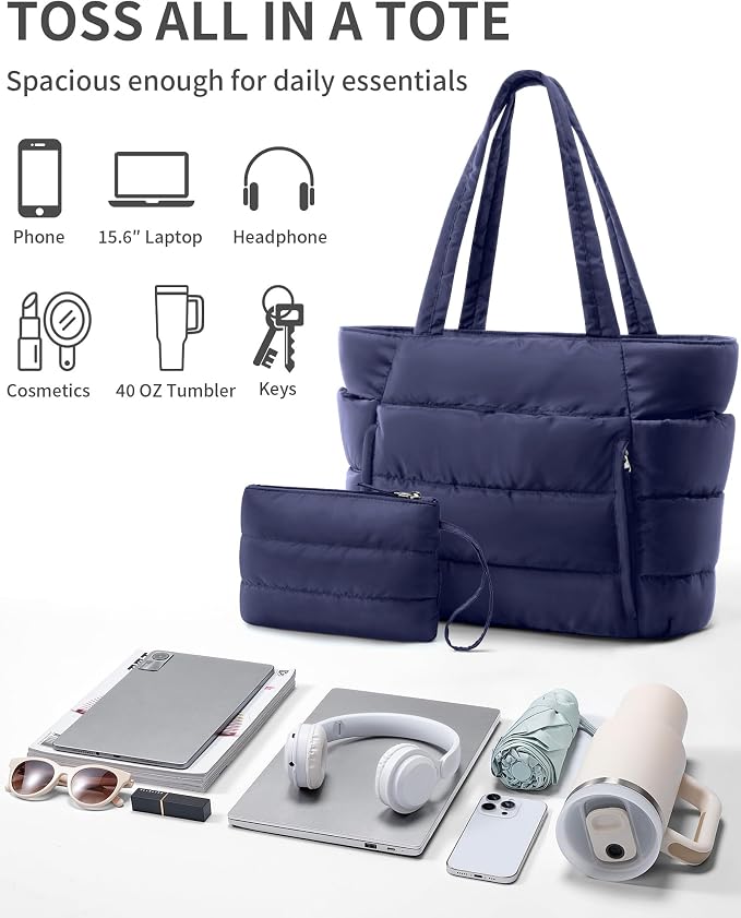 Bagstellar Puffer Tote Bag for Women, Lightweight Puffy Work Handbag Teacher Nurse Quilted Shoulder Bag for School Travel Gym | Cloud Bag w/ Zipper
