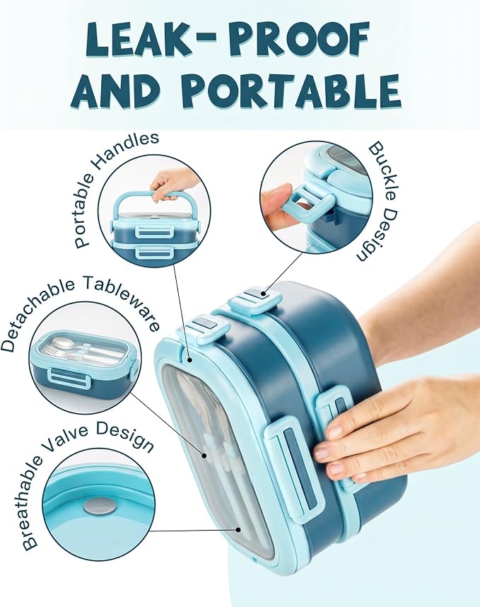 Lille Home Stackable Stainless Steel Bento Lunch Box + Insert Cutlery, 56oz | 2 Tier Leakproof Metal Lunch Boxes, 4-Compartment Food Containers for Work, Picnic, Meal Prep & Portion Control (Blue)