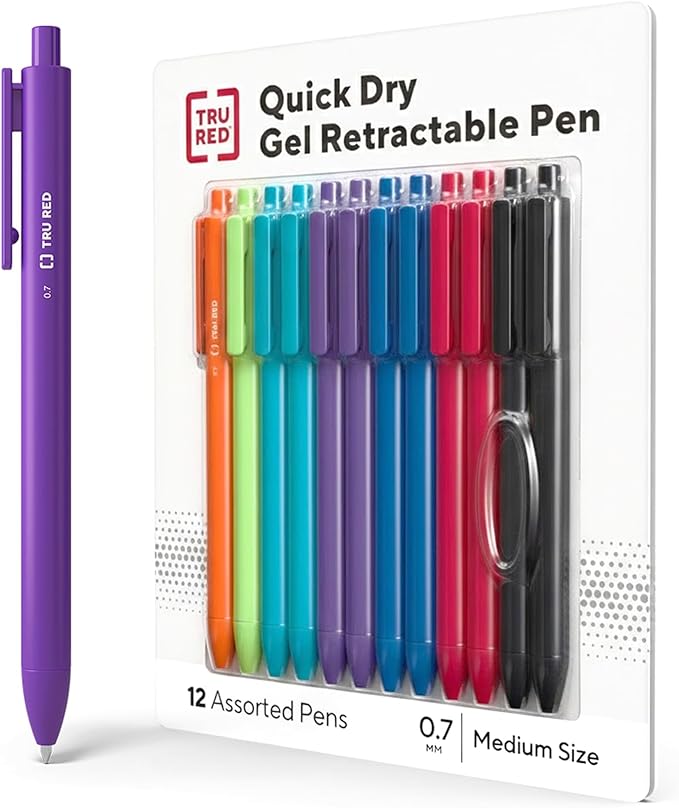 TRU RED Retractable Gel Pens, Medium Point 0.7mm, Assorted Ink Colors, 12 Pack – Quick‑Dry Pens for Smear‑Free Writing