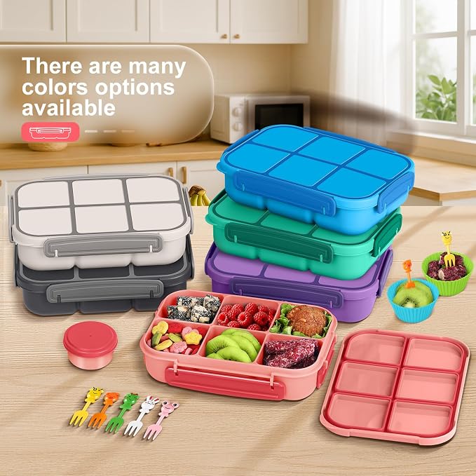 Amathley Lunch Box Kids Girls Boys,Bento Box Adult,Toddler Lunch Containers for School,Leakproof Snack Containers with 6 Compartments,Sauce Container,10 Food Picks and 4 Muffin Cups (Pink)