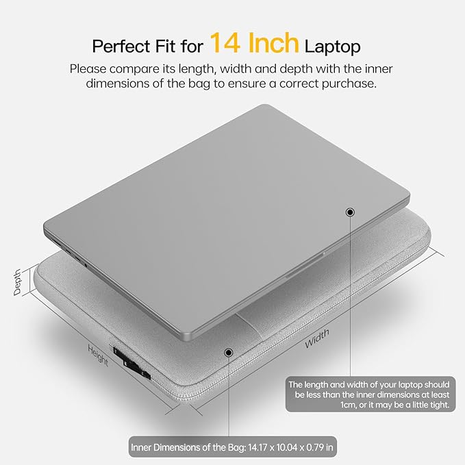 14 inch Laptop Sleeve Case for HP Lenovo Dell ASUS Acer Chromebook 14, HP Stream 14, Dell XPS 15, Inspiron 14, Lenovo ideapad 14, Asus Zenbook 14, Razer Blade 15 Water-Resistant Computer Bag -Grey