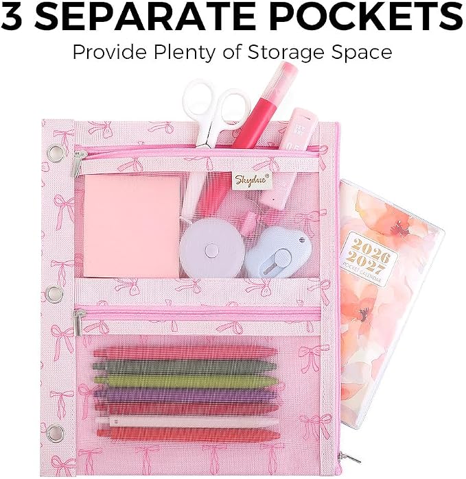 SKYDUE Pencil Pouch for 3 Ring Binder, 3 Pockets and Mesh Window | Zipper Pencil Pouch Pencil Bag with 3 Reinforced Grommets, Durable Organizer for School Supplies, Cables, Earbuds, Makeup