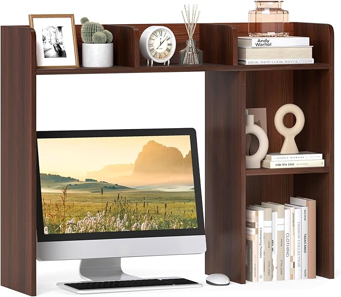 Giantex Desktop Bookshelf, Wood Desk Hutch Organizer for 27 Inch Computer Monitor, Countertop Storage Display Rack with 5 Shelves, Multipurpose Desktop Shelf Bookcase for Dorm Office Home, Walnut