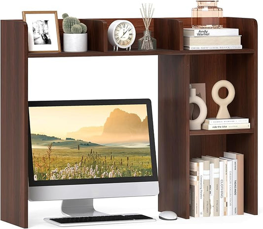 Giantex Desktop Bookshelf, Wood Desk Hutch Organizer for 27 Inch Computer Monitor, Countertop Storage Display Rack with 5 Shelves, Multipurpose Desktop Shelf Bookcase for Dorm Office Home, Walnut