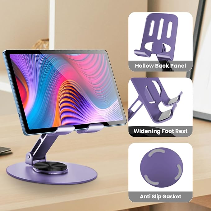 Universal Metal Cell Phone Stand, Multi-Angel Adjustable 360° Rotation Non-Slip Metal Phone Stand Compatible with iPhone 17 16 Pro Max and All Smartphones (Purple&Purple)
