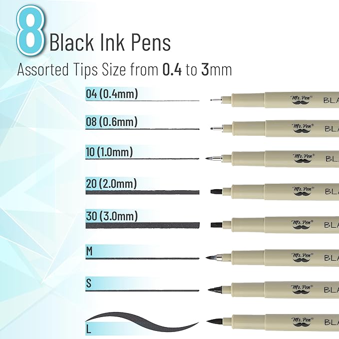 Mr. Pen- 8 Pack Multiliner Artist Pens, Black Ink, Bible Journaling, Micro & Fineliner Tips