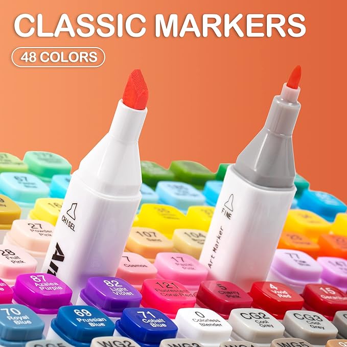 AnyMark Alcohol Markers, 48 Colors Dual Tip Art Coloring Markers Set for Adult Book Drawing Sketching Painting, Chisel & Fine, White Penholder
