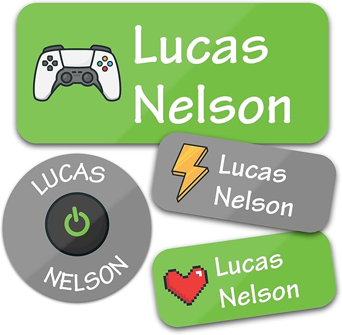 Bunny Badges Personalized Daycare Name Labels for Kids (130 Labels) - Custom Waterproof Name Stickers for Clothing Tags, Water Bottles, Lunch Boxes and School Supplies (Video Games)