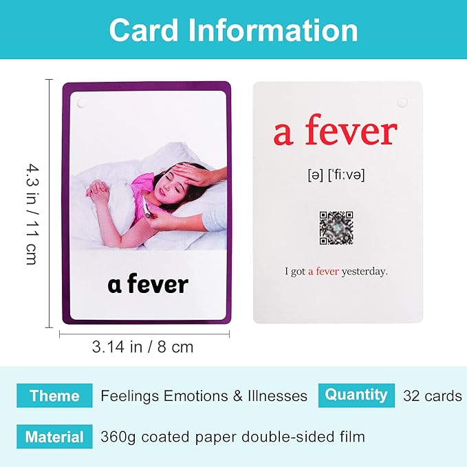 Lilias Feelings Emotions & Illness Flash Cards, Toddler Learning Toys, Preschool Learning Toys, Homeschool Supplies, Learning Supplies for Kindergarten, 4.3 X 3.14 Inch, 32 Cards in Set