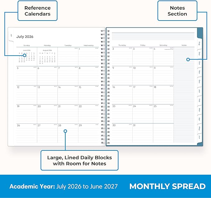 Blue Sky 2026-2027 Weekly and Monthly Academic Year Teacher Lesson Planner Calendar, July 2026 - June 2027, 8.5" x 11", Clear Pocket Cover, Wirebound, Laminated Tabs, Storage Pocket, Ditsy Dapple Light