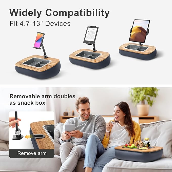 ERGONOV Tablet Pillow Stand for Lap Use,Adjustable iPad Holder with Snack Bowl,360° Rotating Clip for 4.7-13" Kindle,Phone,Tablet.Ideal for Hands-Free Reading and Relaxation on Bed,Couch,Recliner,Gray