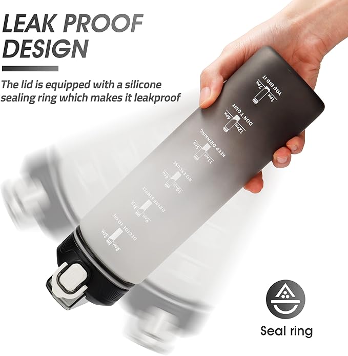 YC Kitchen Motivational Water Bottle with Time Marker- 32oz Water Bottles with Times to Drink, Leakproof & BPA Free Sports Water Bottle with Straw & Carry Strap for Fitness, Gym, and Outdoor Sports