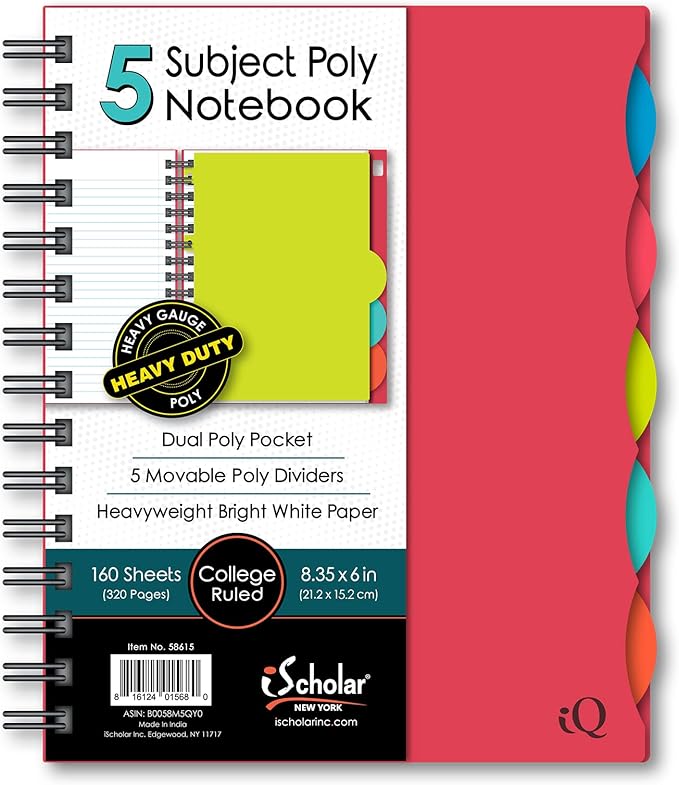 iScholar 5 Subject Poly Cover Double Wire Notebook, 8.35 x 6 Inches, Cover Color May Vary (58615)160 Sheets , Assorted