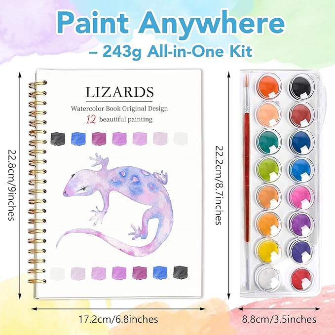 Easy Watercolor Workbook for Beginners - 12 Beautiful Step-by-Step Paintings Water Coloring Book, Includes 16 Colors Paints, Relaxing Art Projects and Creative Gift for Adults & Teen (Lizards)