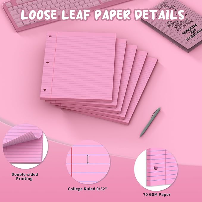 Pink Loose Leaf Paper 8 x 10.5, 120 Sheets Lined Paper College Ruled Paper, 3 Hole Punched Notebook Paper College Ruled, 3 Ring Binder Paper 8 x 10.5, Filler Paper College Ruled for Office, School