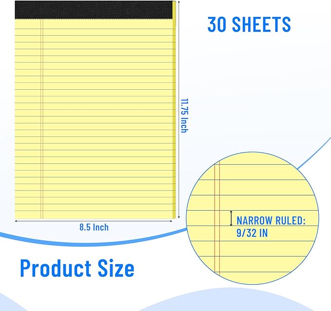 12pcs Legal Pads 8.5 x 11, Notepads 8.5 x 11 College Ruled Notebook, Writing Pads of Paper,Yellow Note Pads, Memo Pad Papers Perforate Legal Notepads Narrow Ruled Line,30 Sheets/Pack