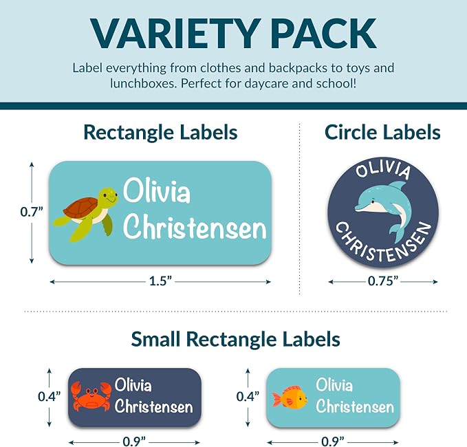 Personalized Waterproof Name Labels for Kids | Optional Packs 50, 150, 230 Labels | Custom Name Stickers for Kids' Clothing Tag, Water Bottle, Customize Kid Name Label for Daycare Aqua Animals