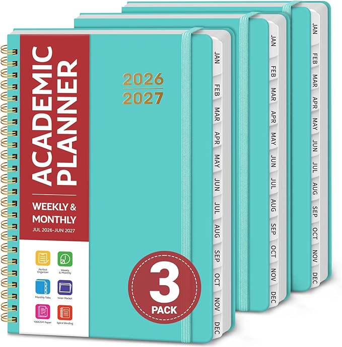 Planner 2026-2027 for Women & Men, Set of 3, Academic Monthly and Weekly Calendar Planner, Jul 2026 - Jun 2027, A5 (6.3" x 8.5"), Teacher Student Planning Book with Tabs, Ideal for Office School Supplies - 3 Aquamarine