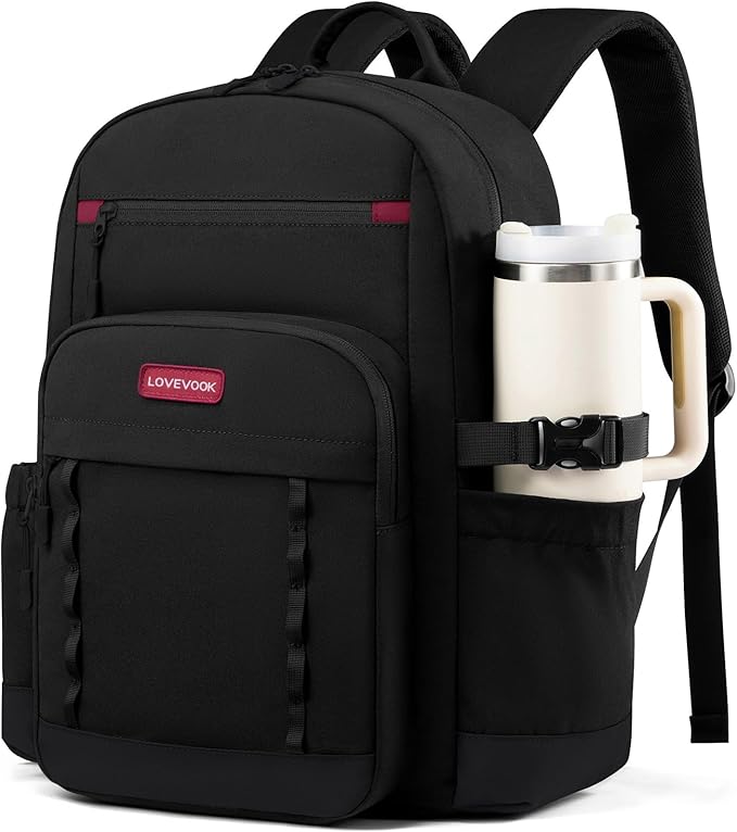 LOVEVOOK Laptop Backpack for Women with Large Cup Holder,17 Inch DIY Design Travel Work Backpack Computer Laptop Bag,Waterproof Nurse Teacher College Backpack Purse,Gifts for Women Men, Black-Red