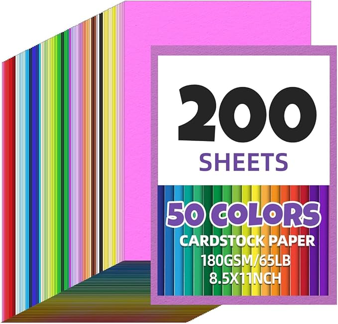 200 Sheets 8.5 x 11 Colored Cardstock,Assorted Colored Cardstock 50 Colors 180GSM/65LB Multicolor Construction Paper for DIY Crafts, School Supplies,Party Decorations (Mix color 200Pcs)