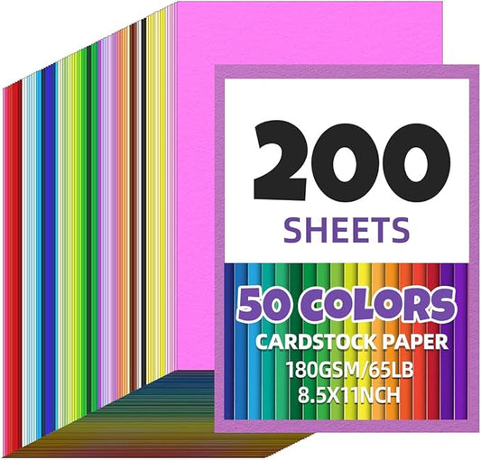 200 Sheets 8.5 x 11 Colored Cardstock,Assorted Colored Cardstock 50 Colors 180GSM/65LB Multicolor Construction Paper for DIY Crafts, School Supplies,Party Decorations (Mix color 200Pcs)