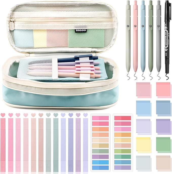 49Pcs Book Annotation Kit - Aesthetic School Supplies with Cute Pen Case Highlighters Gel Pens and Marker, Sheets Transparent Index Tabs Sticky Notes Bible Study Supplies(Light Blue)