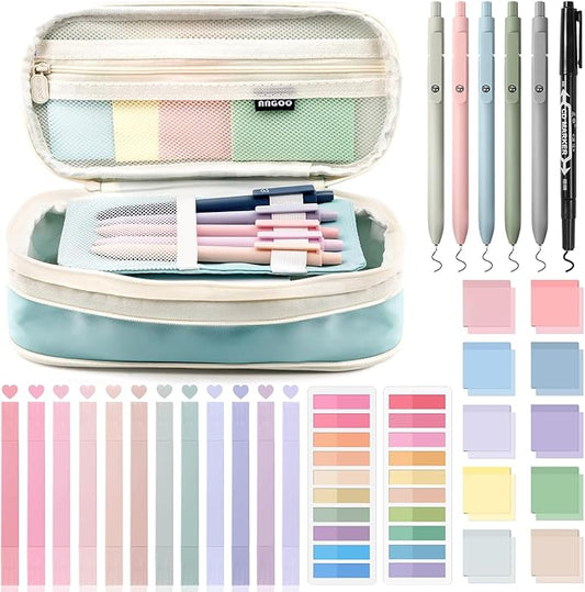 49Pcs Book Annotation Kit - Aesthetic School Supplies with Cute Pen Case Highlighters Gel Pens and Marker, Sheets Transparent Index Tabs Sticky Notes Bible Study Supplies(Light Blue)