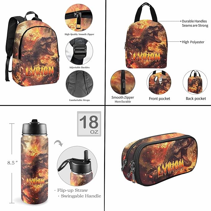 M YESCUSTOM Pesonalized Boys School Backpack Lunch Bag Set with Name, Animal Custom Bookbag Kindergarten Kids Waterproof Nylon Travel Picnic School Bag Pencil Pouch