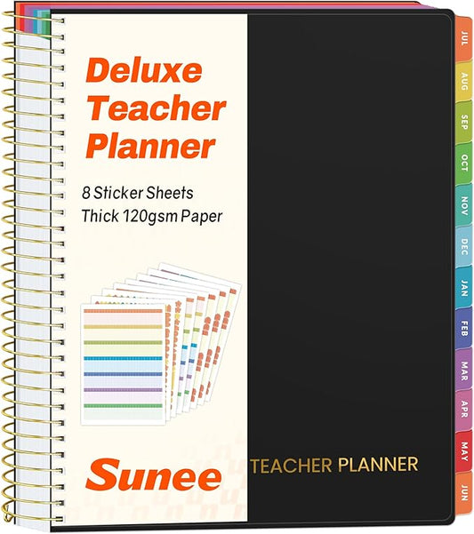 SUNEE Deluxe Teacher Planner 2026-2027, Lesson Planner Book with 7 Periods Jul 2026 - Jun 2027, 8.5" x 11" Daily Weekly and Monthly Organizers with Colorful Tabs, Planning Stickers,120gms Paper, Black