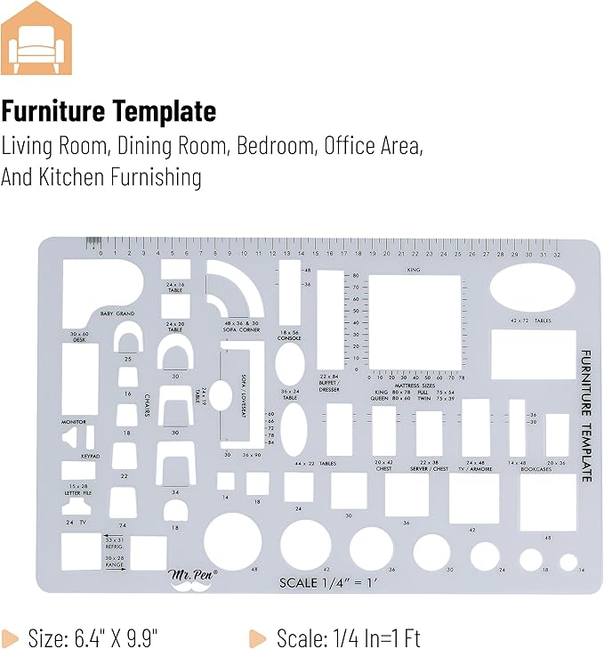 Mr. Pen- House Plan, 3 pcs, Interior Design and Furniture Templates, Clear Flexible Plastic, Drafting Tools, Ruler Shapes for Architecture, 1/4 Inch Scale, Kitchen, Bath, Bedroom, Office, Living Room